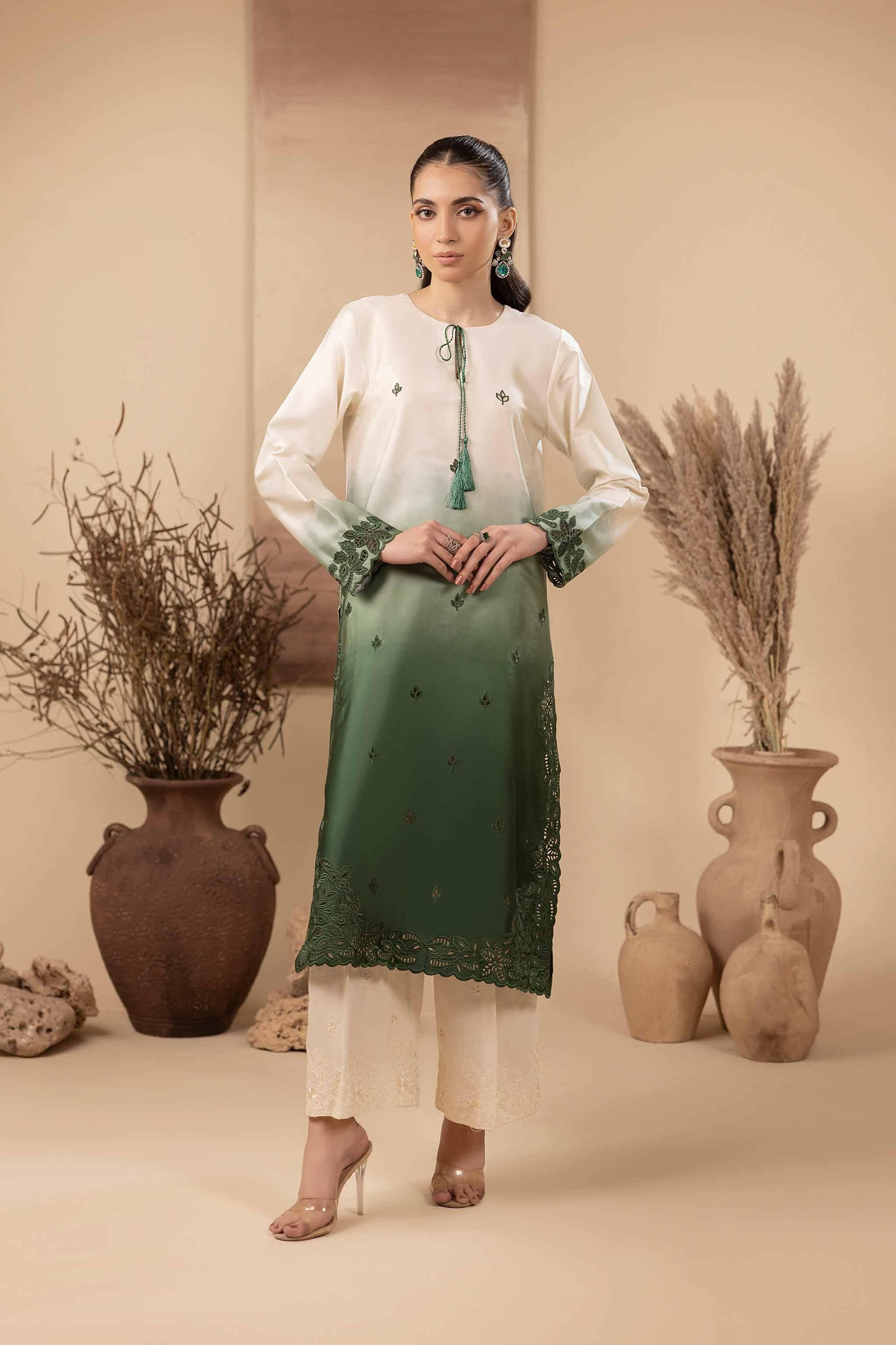 2 piece Green silk long shirt with beautiful ombre and gradient effect from white to green. Cutwork machine embroidery on daman and sleeves, chic tassel at the neckline adds a touch of sophistication.