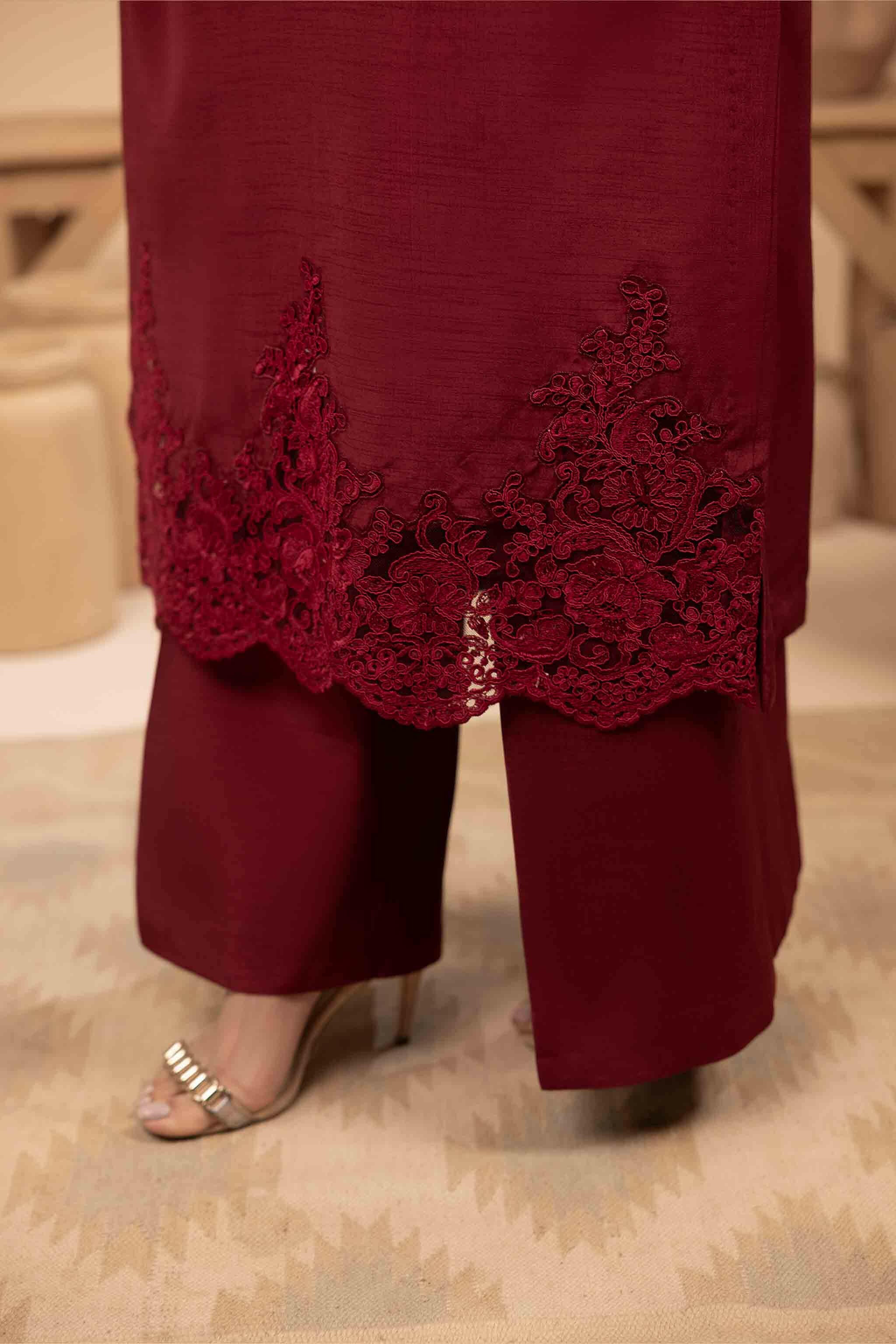 3 piece maroon silk shirt and trouser with embroidery, organza and dori work on the neckline, daman and sleeves.